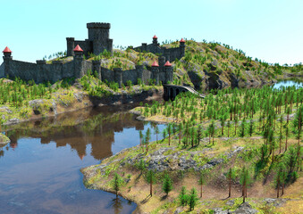 Fototapete - 3D Rendering Medieval Landscape