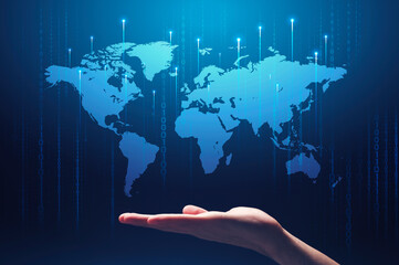 Fototapete - Global technologies. Collage with male hand, world map and computer binary code on blue background