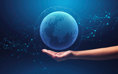 Poster - International connections and technologies. Collage of woman holding planet with mesh network around it