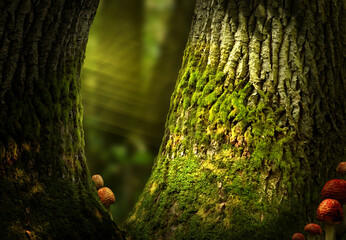 Wall Mural - Fairytale forest background, Old mossy trees. Rays of light, Massive oak trunk, Red mushrooms, Magical woodland