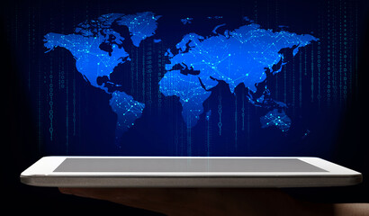 Fototapete - Man holding tablet with world map, computer code and web connection mesh appearing from screen, collage