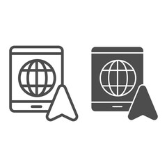 Poster - Tablet with globe and navigation pointer line and solid icon, Navigation concept, GPS navigator sign on white background, Tablet PC with GPS icon in outline style for mobile and web. Vector graphics.