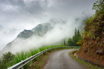 Wall Mural - Scenic curve road in morning fog high in the mountains of North Vietnam