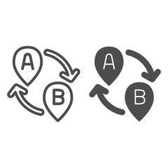 Poster - From point A to point B line and solid icon, Navigation concept, Two pointers with arrows sign on white background, Path from point A to point B and back with map pointers icon outline style. Vector.
