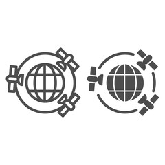 Poster - Planet with GPS satellites line and solid icon, Navigation concept, three satellites orbiting Earth sign on white background, Planet Earth and satellite icon in outline style. Vector graphics.