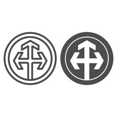 Poster - Three-way arrows sign line and solid icon, traffic concept, different directions arrow sign on white background, Road sign with different directions icon in outline style for mobile. Vector graphics.