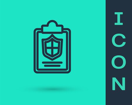 Black line Document with shield icon isolated on green background. Insurance concept. Security, safety, protection, protect concept. Vector..