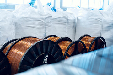 Wall Mural - Production of copper wire, cable in reels at factory. Cable factory.