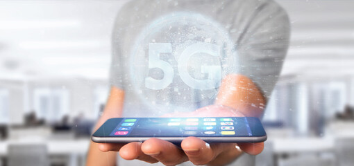 Poster - Businessman holding a 5G connection with data surrounding - 3d rendering