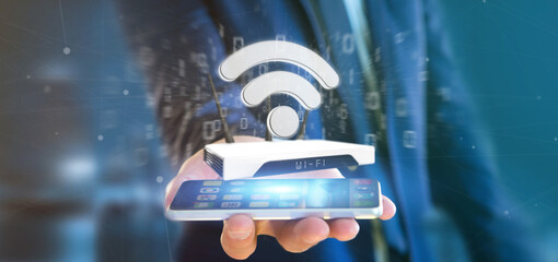 Poster - businessman holding a wifi router and data - 3d rendering