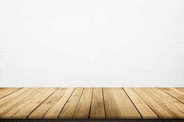 Wall Mural - Empty wooden table top on white brick wall background, Design wood terrace white. Perspective for show space for your copy and branding. Can be used as product display montage. Vintage style concept.