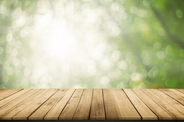 Abstract natural spring blurred garden leaves view from living room window with wooden table counter background for show, promote, Create light soft colors design banner ads on display concept.