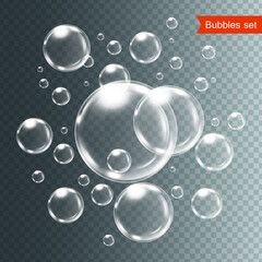 Wall Mural - Set of bubbles under water isolated vector illustration on transparent background.