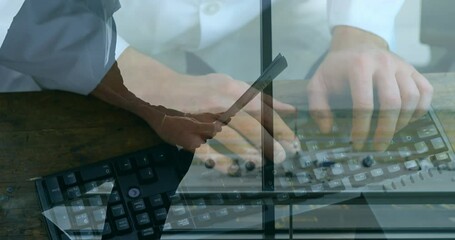 Poster - Businessman reading newspaper at airport against person typing on keyboard
