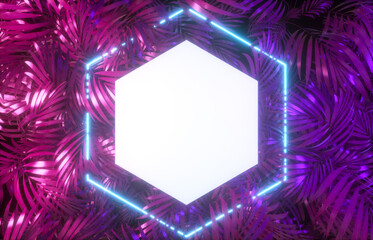 Aufkleber - Abstract neon frame backdrop with tropical leaves background. 3d render.