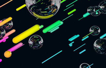 Poster - Futuristic geometric dynamic lines shape with bubbles background. Abstract 3d art background.