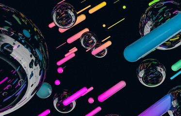 Poster - Futuristic geometric dynamic lines shape with bubbles background. Abstract 3d art background.