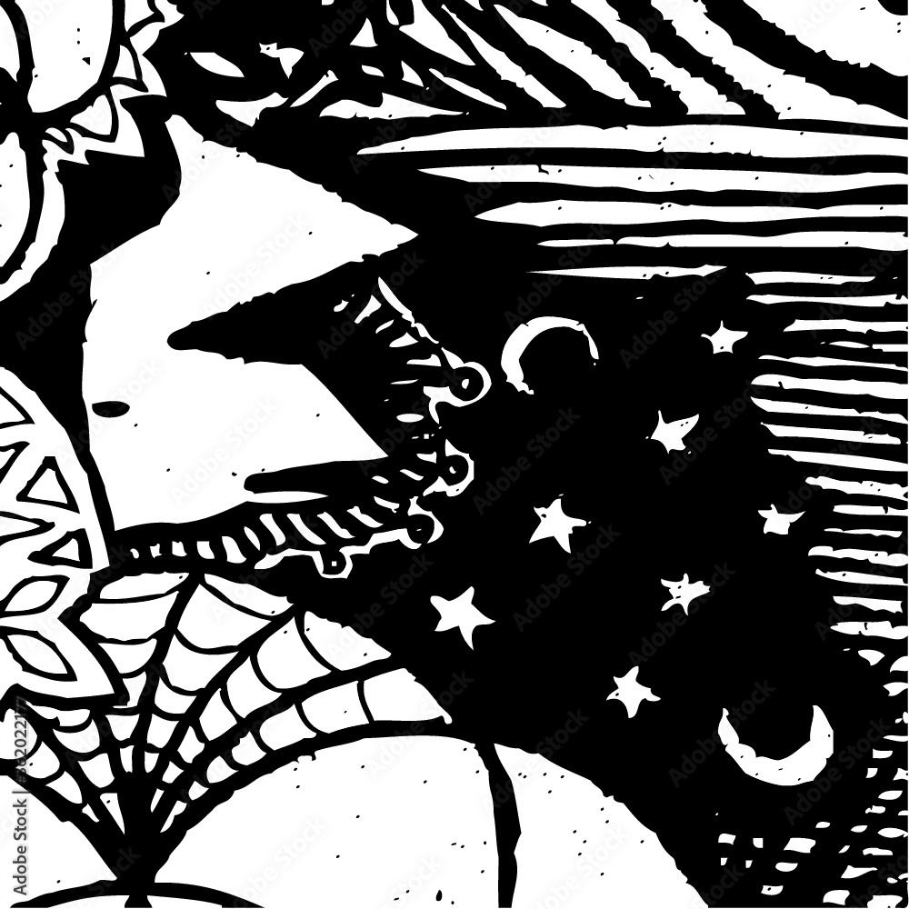 Vector illustration of a black & White abstract hand drawn image. Stars ...
