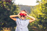 Fototapeta Młodzieżowe - Farmer girl presenting farm harvest, holding apples in front of eyes against defocused garden background.