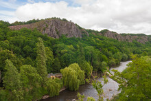 Beautiful Panorama Landscape In Clecy (Norman Switzerland, Calvados, Normandy, Europe, France). Orne River Passing Through The Trees. Luxurious Preserved Forest And Cliffs. High View