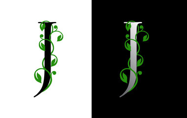 Wall Mural - Elegant J Letter Icon with luxury green leaf logo design.