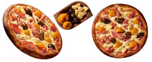 Wall Mural - Sweet pizza with peaches, fig and pineapple on white background. Slide and Top view, close up. Traditional Brazilian Pizza