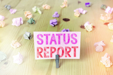 Poster - Writing note showing Status Report. Business concept for summarizes the particular situation as of a stated period Colored crumpled rectangle shaped reminder paper light blue background