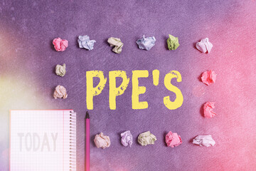 Poster - Word writing text Ppe s is. Business photo showcasing Specialized equipment for protection against health and safety hazard Paper accesories with digital smartphone arranged on different background