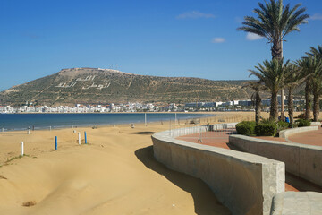 beach of Agadir Morocco, name of the mountain Oufellah, inscription: God, country, king