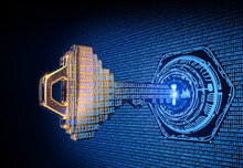 A Cybersecurity Concept Illustration; A Key Formed From Binary Code Goes Into An Abstract Lock