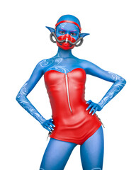 Poster - blue elf is looking at you in white background