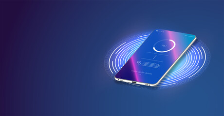 Poster - The progress of charging the battery of the phone. Vector Futuristic phone is charged wirelessly on a blue background. Wireless charging. Wireless charging of the smartphone battery. Future concept. 