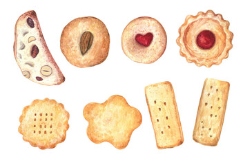 Warm set of shortbread, cookies and biscotti. Watercolor illustration, isolated on white background. Cozy and cute element of design. 