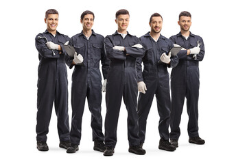 Poster - Team of five auto mechanic workers in uniforms