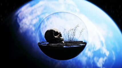 Wall Mural - human skull in outer space in glass sphere. apocalypse ecology concept. 4k animation.
