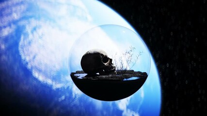 Wall Mural - human skull in outer space in glass sphere. apocalypse ecology concept. 4k animation.