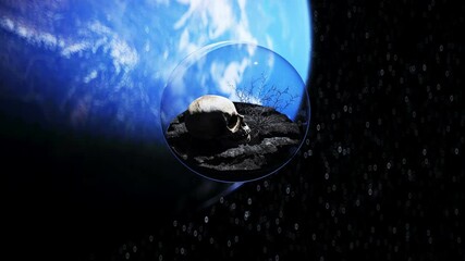 Wall Mural - human skull in outer space in glass sphere. apocalypse ecology concept. 4k animation.