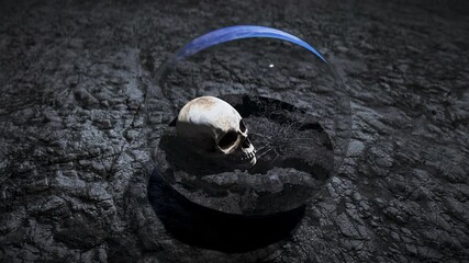 Wall Mural - human skull in outer space in glass sphere. apocalypse ecology concept. 4k animation.