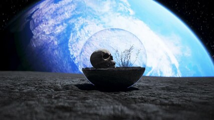 Wall Mural - human skull in outer space in glass sphere. apocalypse ecology concept. 4k animation.