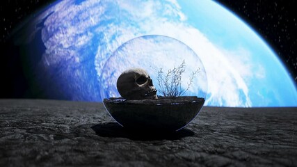Wall Mural - human skull in outer space in glass sphere. apocalypse ecology concept. 4k animation.