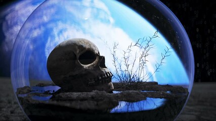 Wall Mural - human skull in outer space in glass sphere. Apocalypse ecology concept. 4k animation.