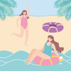 Sticker - summer time beach woman in float seat with cocktail and girl in beach vacation tourism