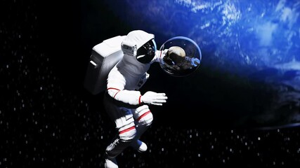 Wall Mural - astronaut and human skull in outer space in glass sphere. apocalypse concept. 3d rendering.