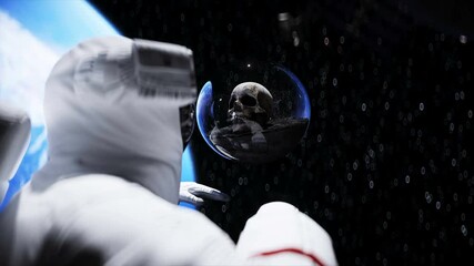 Wall Mural - astronaut and human skull in outer space in glass sphere. apocalypse concept. 3d rendering.
