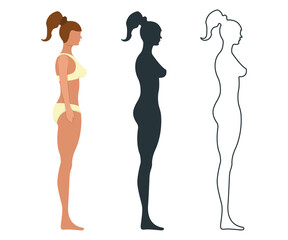 Wall Mural - Female anatomy human character, people dummy front and view side body silhouette, isolated on white, flat vector illustration.