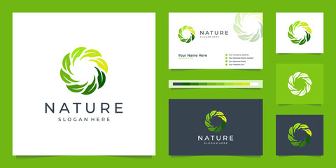 Wall Mural - Elegant circle leaf logo design and business card. Can be used for beauty salons, decorations, boutiques, spas, yoga, cosmetic and skin care products.