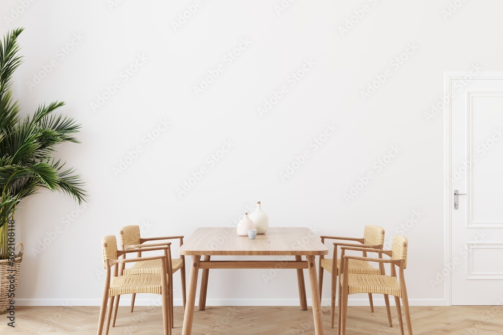Obraz na płótnie Dining room wall mock up with Areca palm, rattan dining set, wooden table on wooden floor. 3d illustration. w salonie