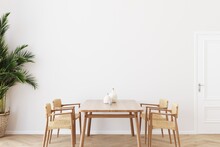 Dining Room Wall Mock Up With Areca Palm, Rattan Dining Set, Wooden Table On Wooden Floor. 3d Illustration.