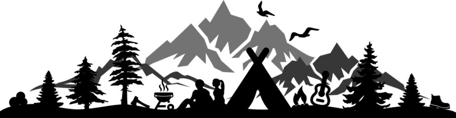 Wall Mural - TENT CAMPING Nature Outline Silhouette Vector