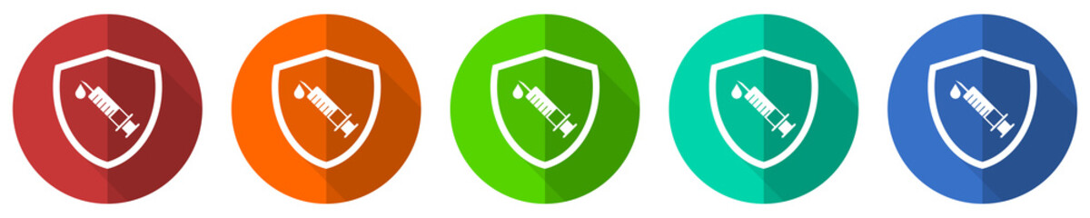Poster - Vaccine shield concept icon set, red, blue, green and orange flat design web buttons isolated on white background, vector illustration
